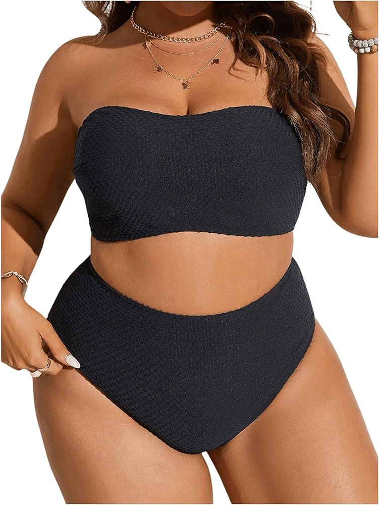 MakeMeChic Women's Plus Size Two Piece Bandeau Swimsuit Knitted High Waisted Bikini Sets