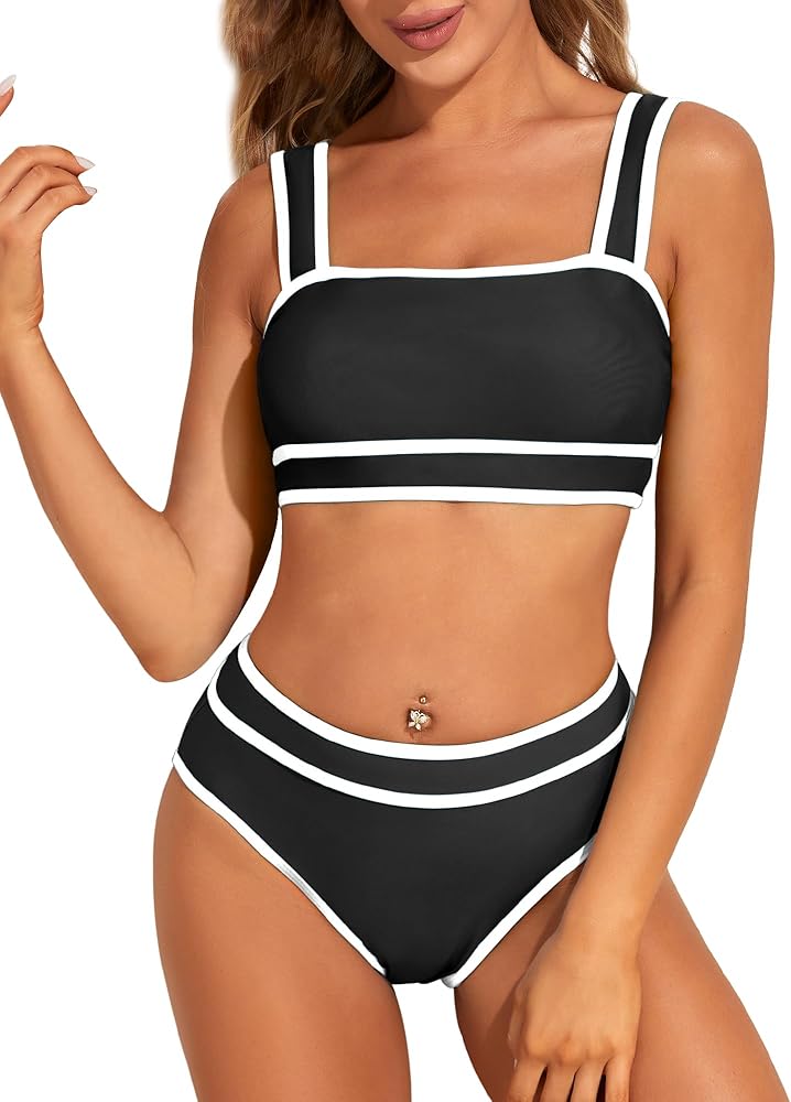 MELYUM High Waisted Bikini Sets for Women Color Block 2 Piece Swimsuits Tummy Control Bathing Suits Full Coverage Teens Girls