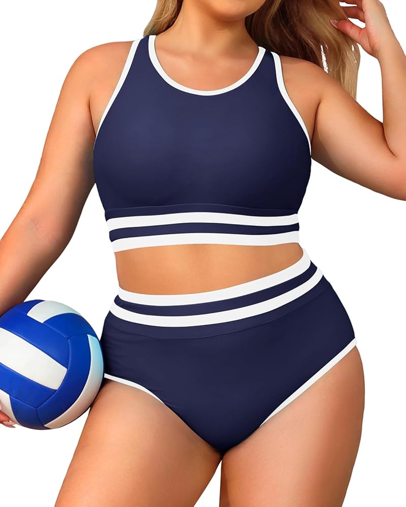 Yonique Plus Size High Waisted Bikini Sets Two Piece Color Block Swimsuits High Neck Racerback Bikini Sporty Bathing Suits