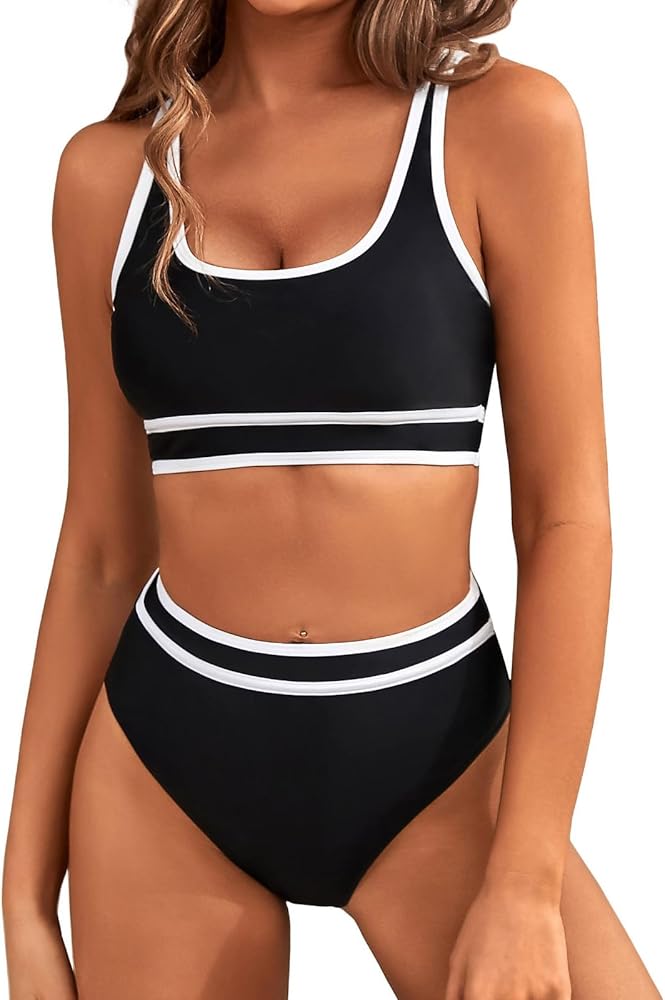 Two Piece Swimsuit for Women High Waisted Modest Tummy Control Bikini Sets Sporty Color Block Bathing Suits