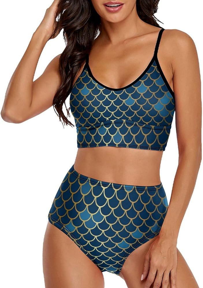 Metallic Shining Fish Scale Women's Bikini Two Piece Set High Waisted Swimsuit Camisole and Underwear Bathing Suit