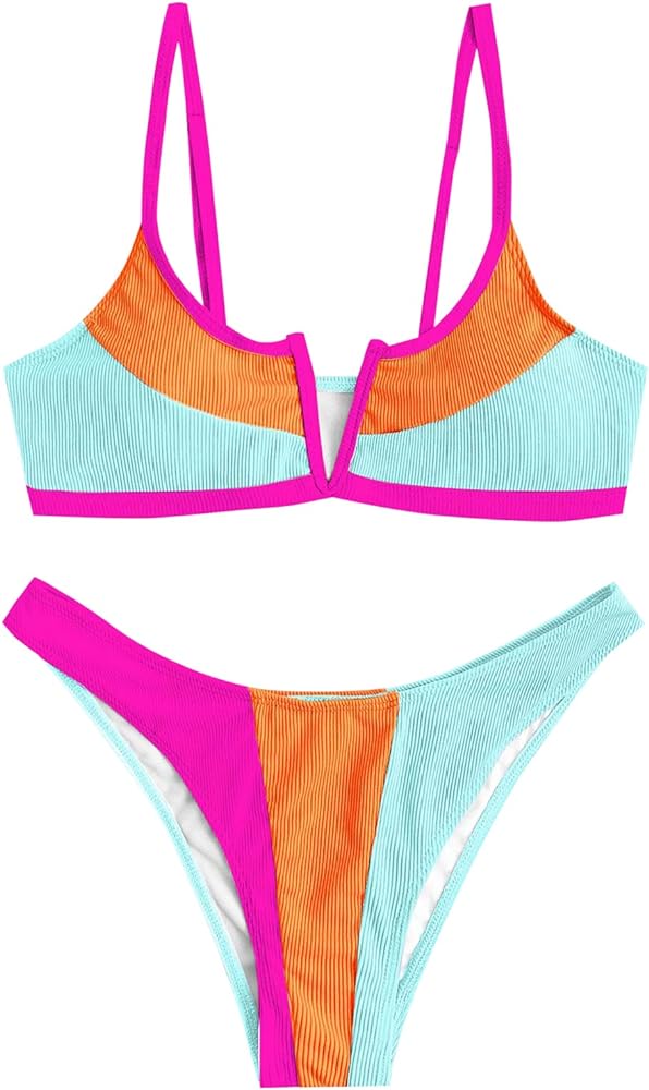 ZAFUL Women's V Wired Bikini Set Colorblock Ribbed Swimwear Sexy High Cut Cheeky Two Piece Swimsuit Bathing Suit