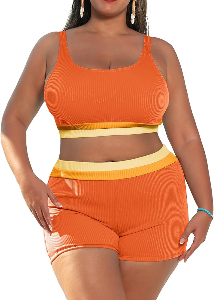 Hanna Nikole Women's Plus Size High Waisted Bikini Sets Two Piece Sporty Color Block Swimsuit Scoop Neck Bathing Suit