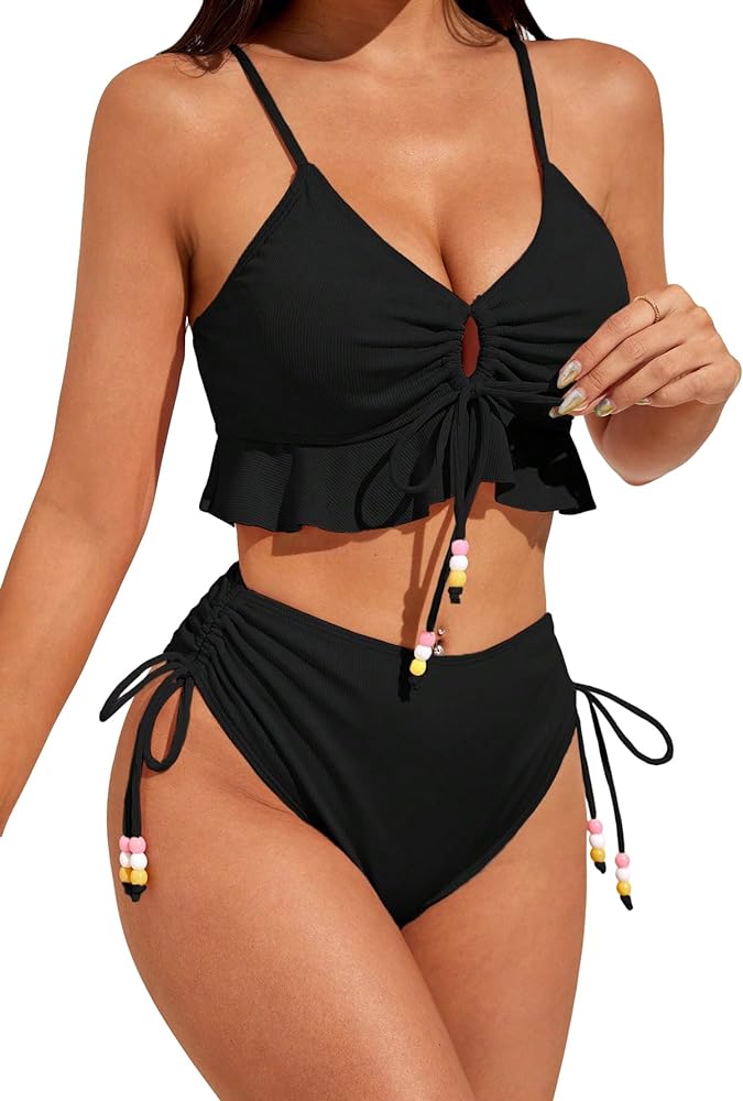 Women's 2 Piece Tankini Set Ruffle Hem Drawstring High Waisted Cut Out Tie Front Crisscross Halter Bathing Suit