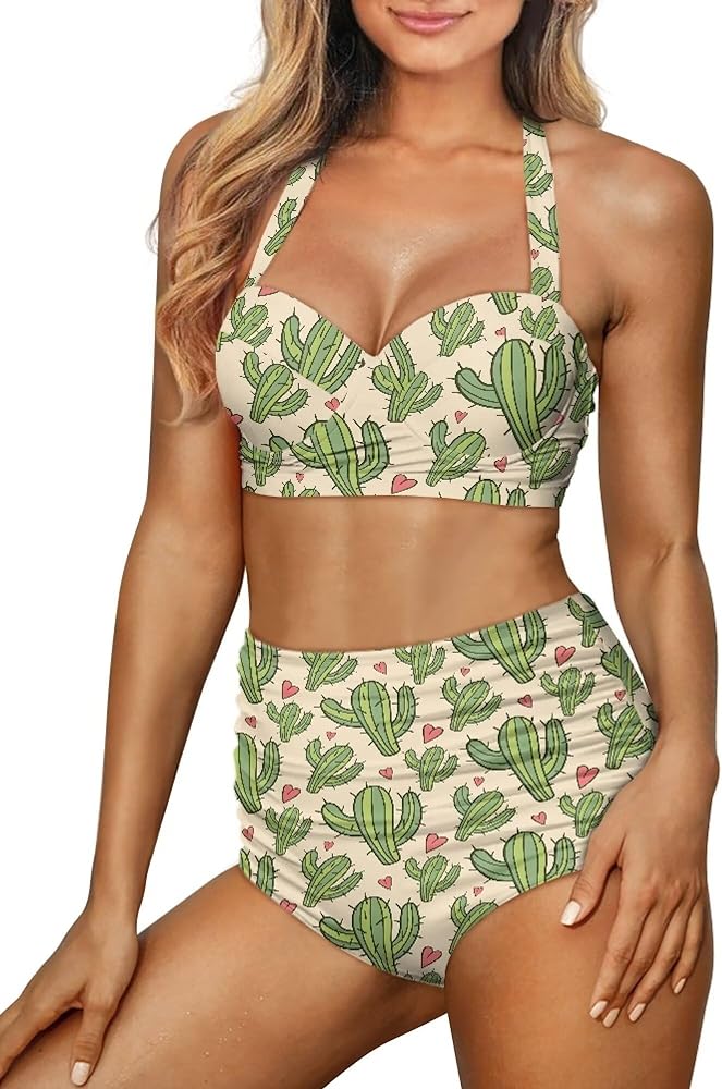 Mushroom & Fruit Print Women's Two-Piece Lace-up Swimsuit Halter Ruched High Waist Bikini Set