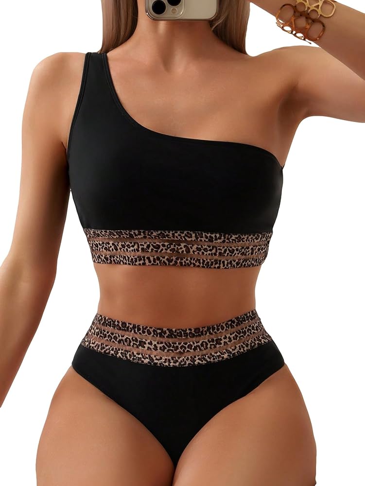 SOLY HUX Women's Leopard Mesh One Shoulder High Waisted Bikini Sets Two Piece Swimsuit Bathing Suits