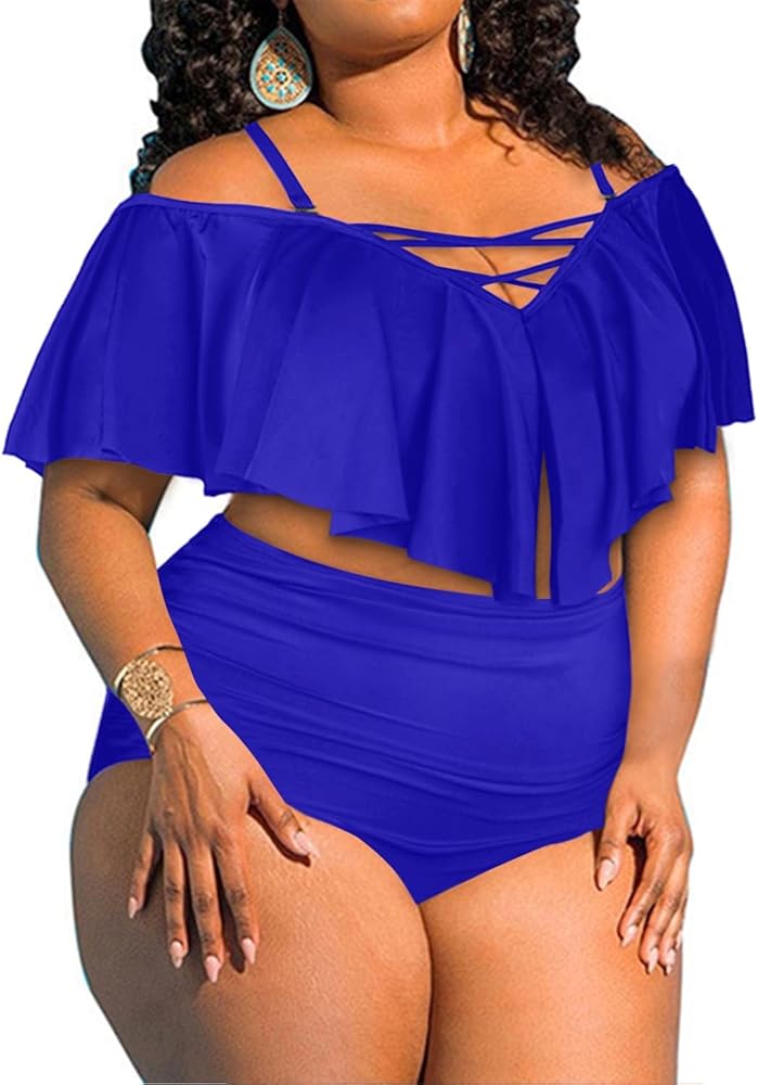 Aqua Eve Women's Plus Size 2 Piece Swimsuit Flounce Off Shoulder Bikini High Waisted Bathing Suits