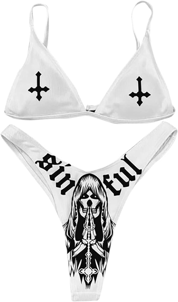 ANKOMINA Women Gothic Skull Letter Printed Two Piece Swimsuit High Cut Triangle Bikini Set for Rave Party Festival Halloween