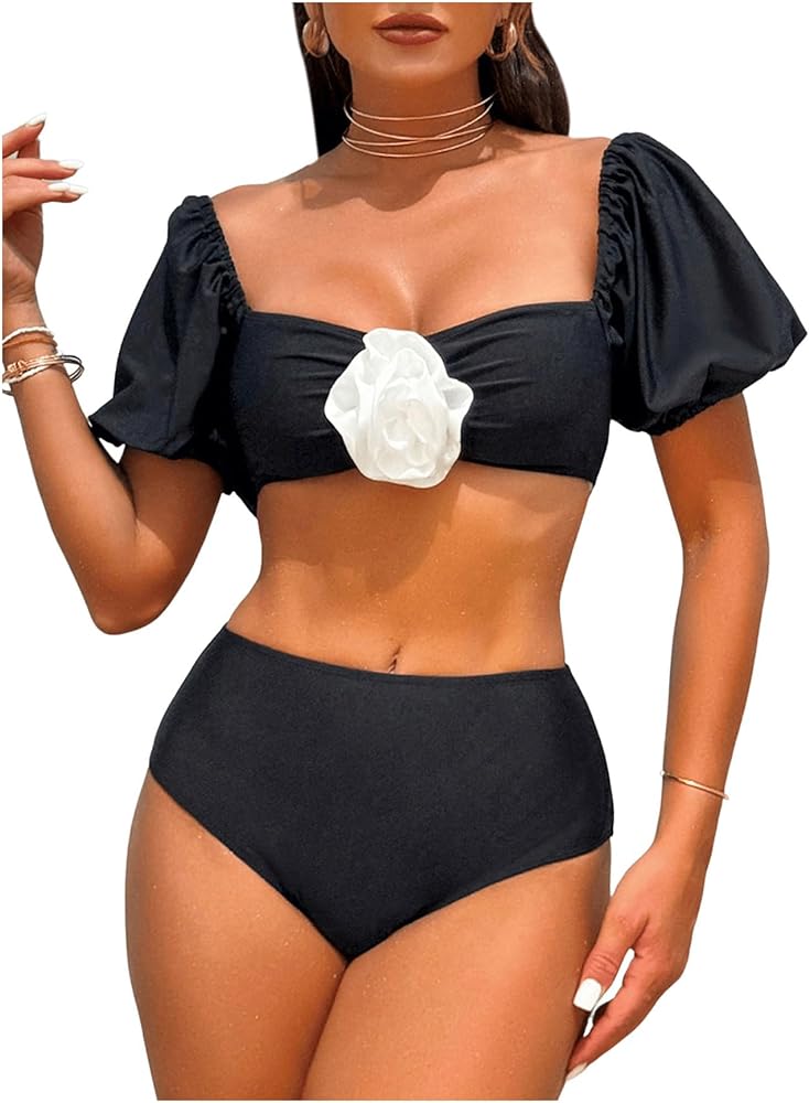 Floerns Women's Puff Sleeve Appliques Micro Crop Tops 2 Piece High Waist Thong Bikini Set