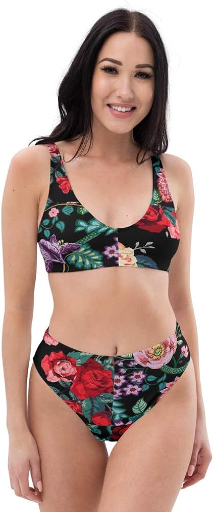 Recycled High Waisted Bikini Set for Women Tops Bottoms Swimsuit Bathing Suits Starless Black Red Rose Cross Floral