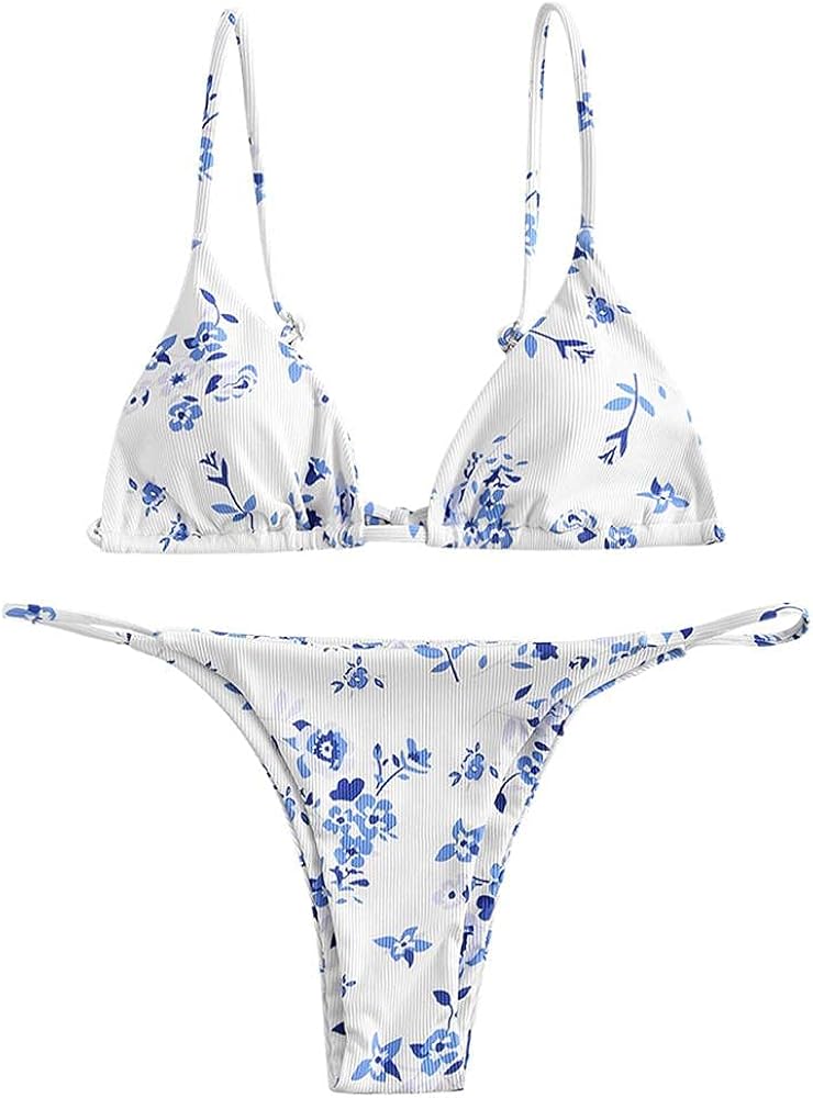 ZAFUL Women's Ditsy Floral Printed Swimsuit Underwired Knotted String Triangle Bikini High Cut Cheeky Bikini Set