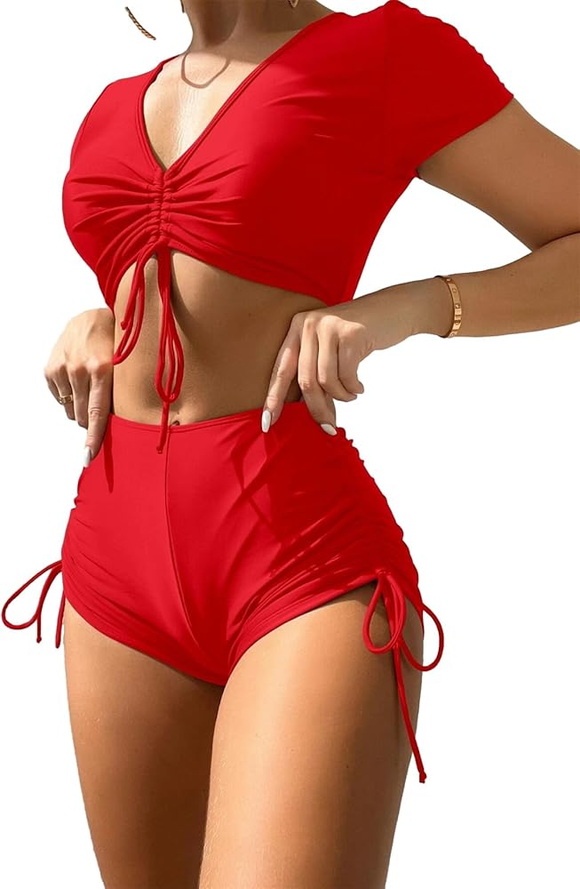 Lilosy High Waisted Tummy Control Drawstring Bikini Set Srting Swimsuit Short Sleeve Top and Tie Side Shorts 2 Piece Women Bathing Suit Red #2 Medium