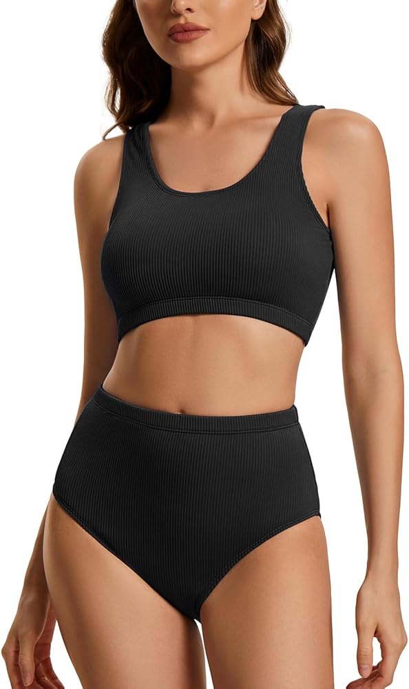 Holipick Ribbed High Waisted Bikini Two Piece Bathing Suit for Women Sport Athletic Swimsuit with Full Coverage Bottom