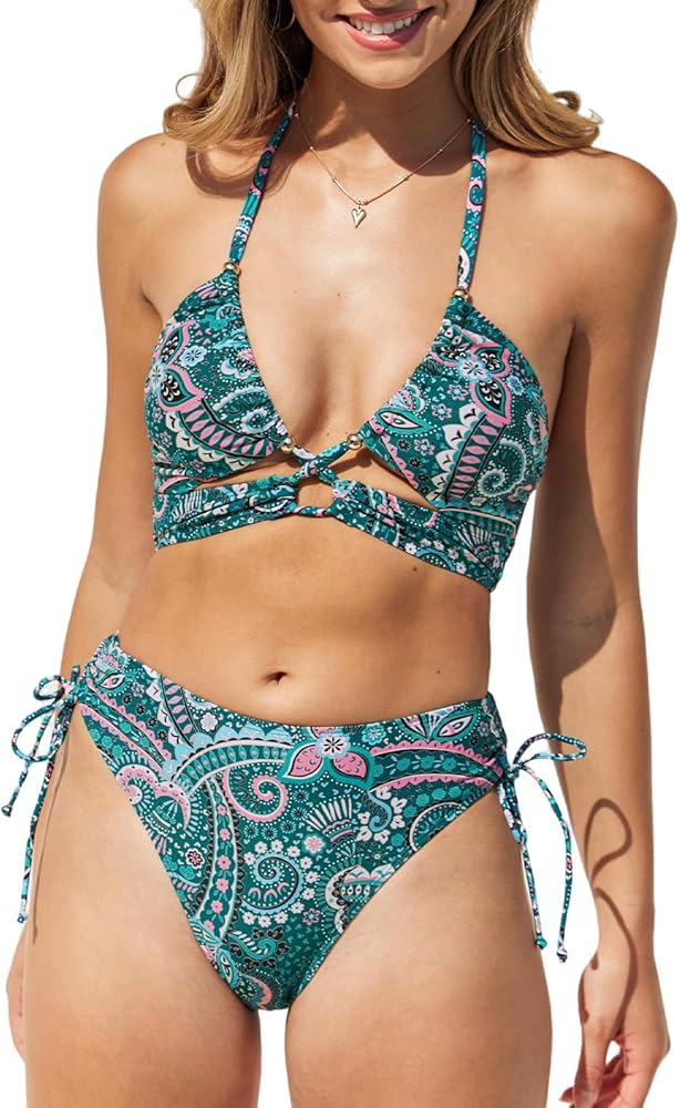 CUPSHE Women's Bikini Set Two Piece Swimsuit Halter Cutout Ruched Self Tie High Waisted Cheeky Bottom Paisley