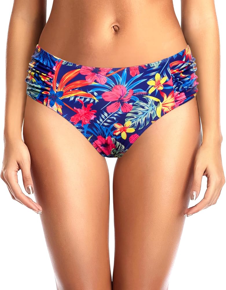 Tempt Me Women Bikini Bottoms Mid Waist Bathing Suit Swimsuit Ruched Swim Bottom