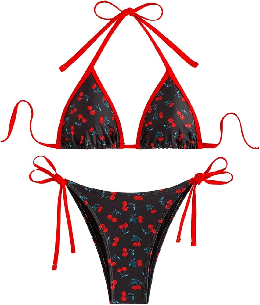 Floerns Women's Cherry Print Bathing Suit Tie Side Halter Triangle Bikini Swimsuit