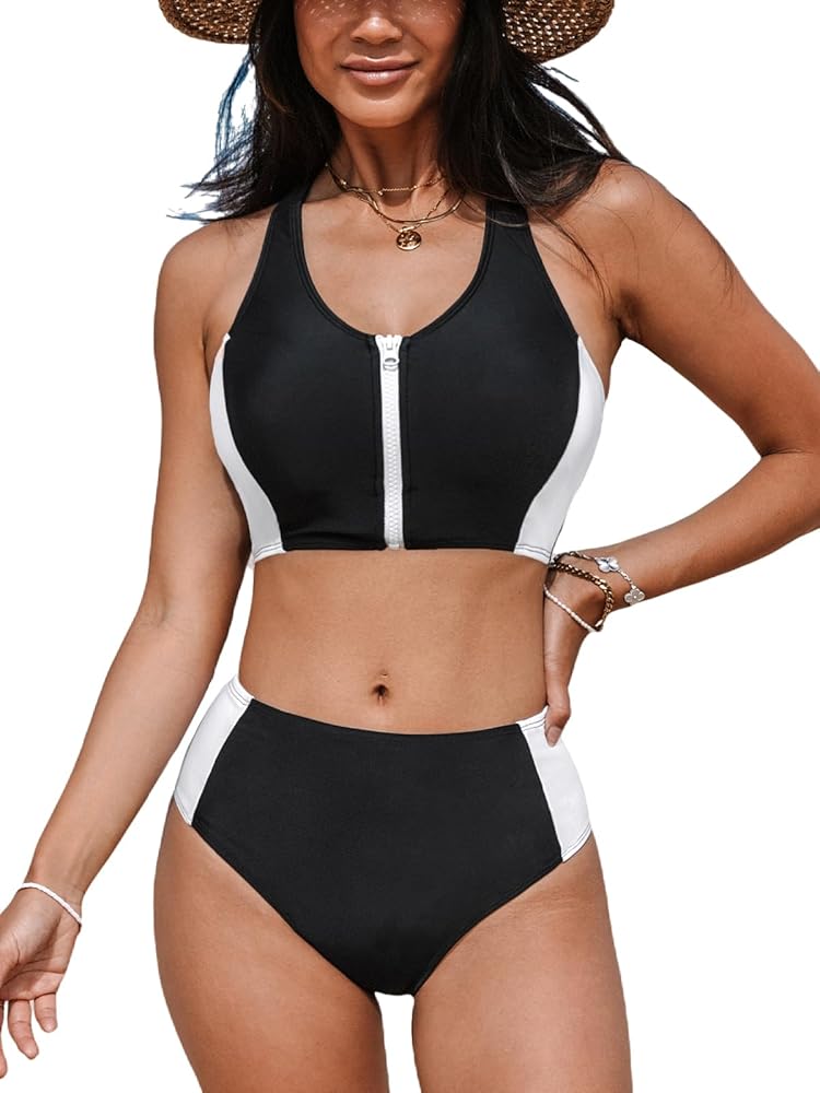 CUPSHE Women's Bikini Sets Two Piece Swimsuit Round Neck High Waisted Zipper T-Sharp Top Color Block