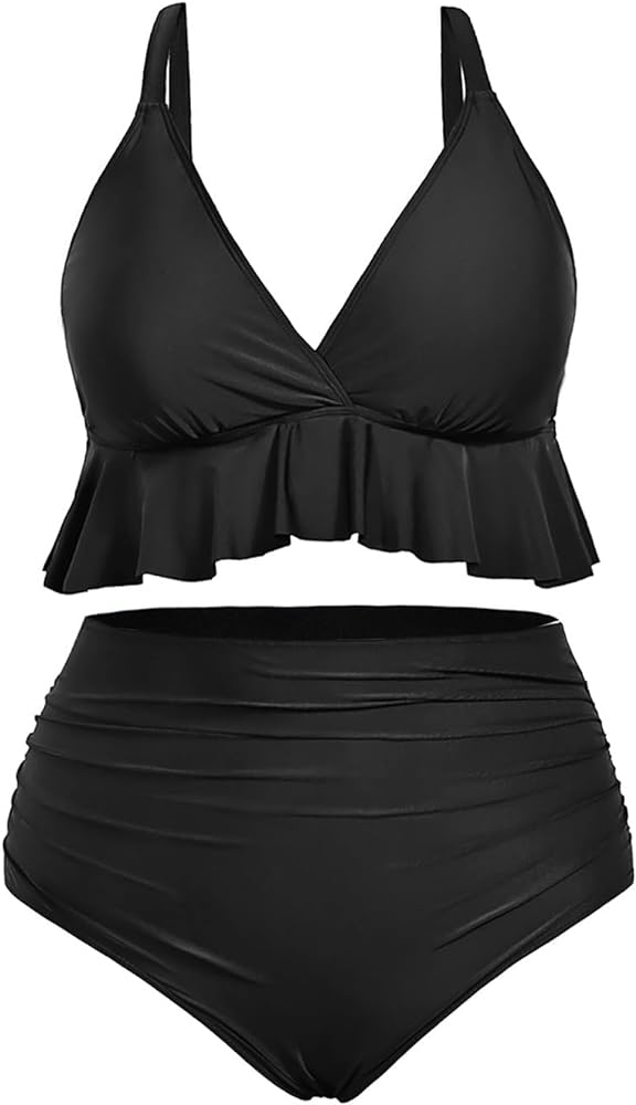 Yonique Women Plus Size Two Piece Swimsuits High Waisted Bikini Set Tummy Control Bathing Suits Ruffle Swimwear