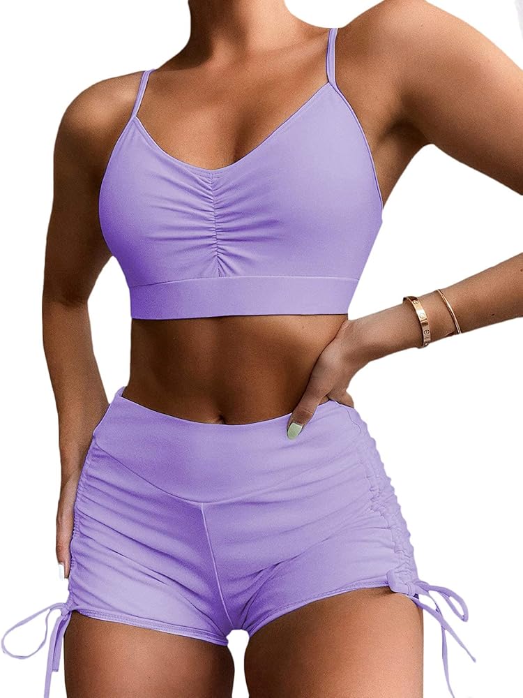 Floerns Women's Tie Dye Ruched Bikini Sets 2 Piece Bathing Suit High Waist Swimsuit with Shorts Light Purple