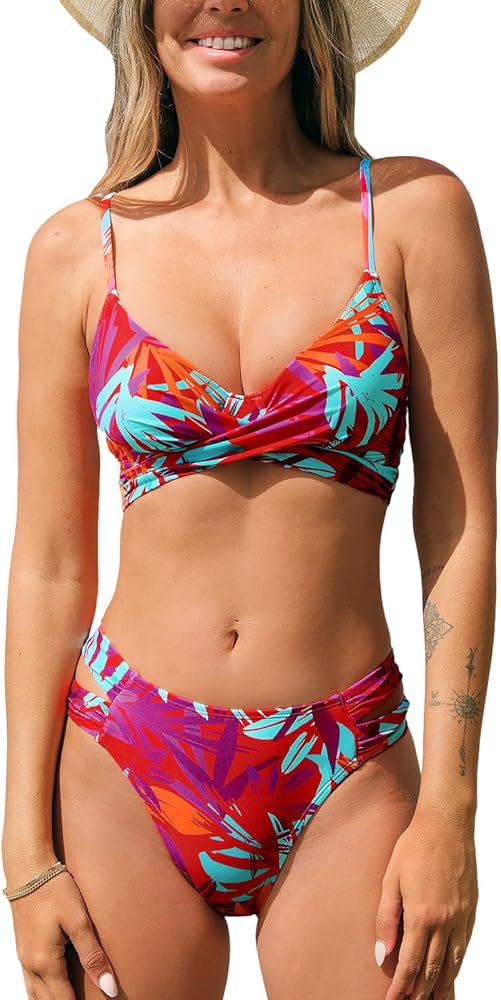 CUPSHE Women's Bikini Sets V Neck Twist Adjustable Straps Mid Rise Wrap Back Tie Cutout Bottom