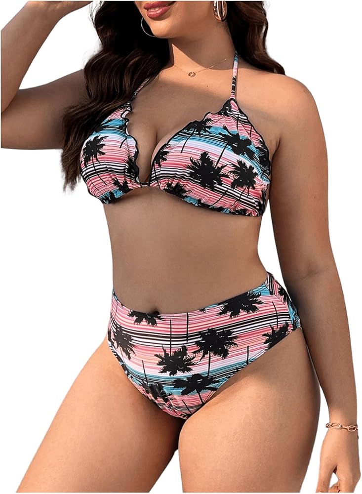 Floerns Women's Plus Size Tropical Print Triangle Halter Tie Back Thong Bikini Sets