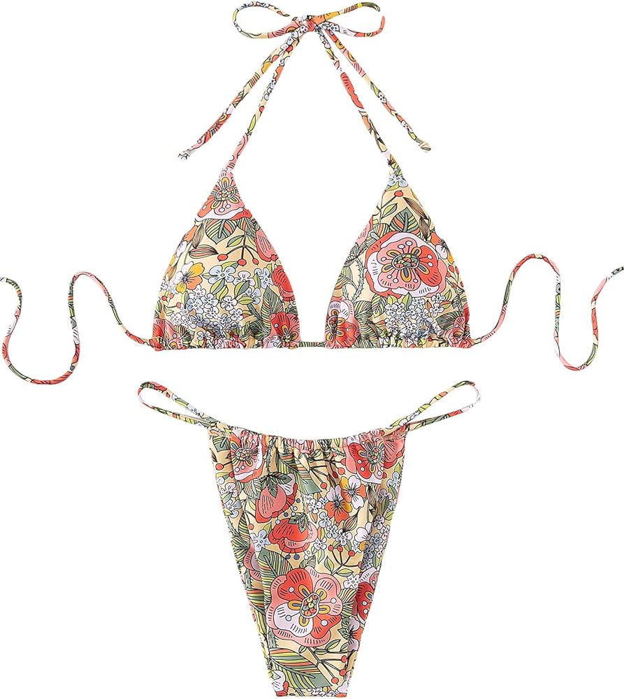 WDIRARA Women's 2 Piece Set Floral Print Tie Backless Swimwear Halter Bikini Swimsuit