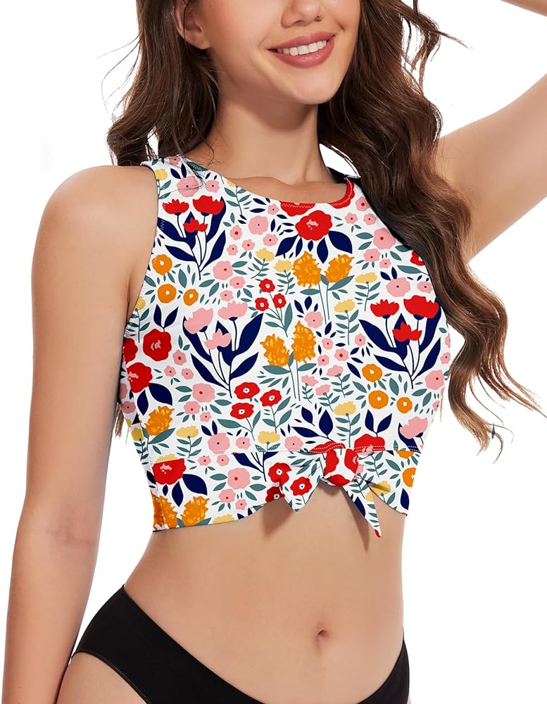 WOWENY High Neck Bikini Top Tie Knot Front Crop Top Tankini Swimsuit Swim Tops Only