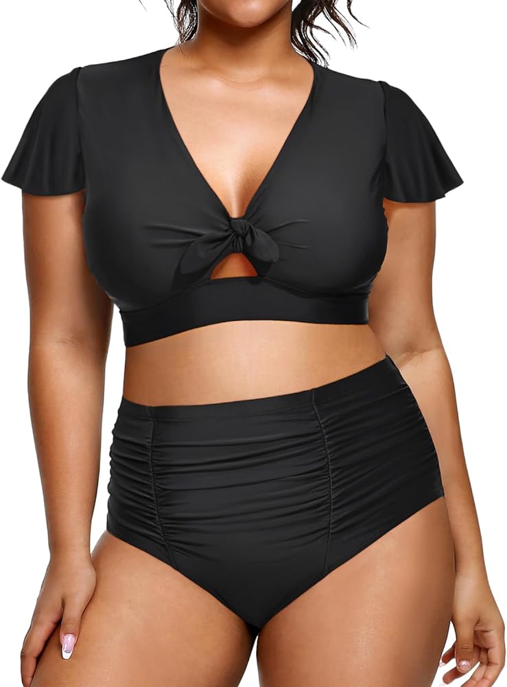 Yonique Womens Two Piece Plus Size Bikini Set High Waisted Swimsuits Tummy Control Bathing Suits Short Sleeve Swimwear