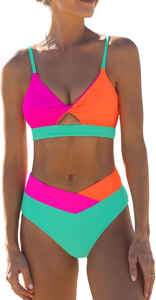 popvil Neon Color Block High Waisted Bikini Sets Women's V Neck Two Piece Swimsuit Twist Front Cutout Bathing Suits