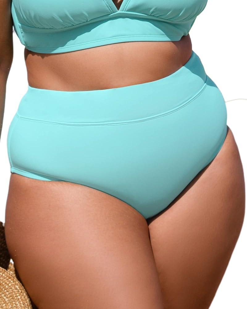 CUPSHE Women Swimsuit Plus Size Bikini Bottom High Waisted Modest Widen Band Bathing Suit