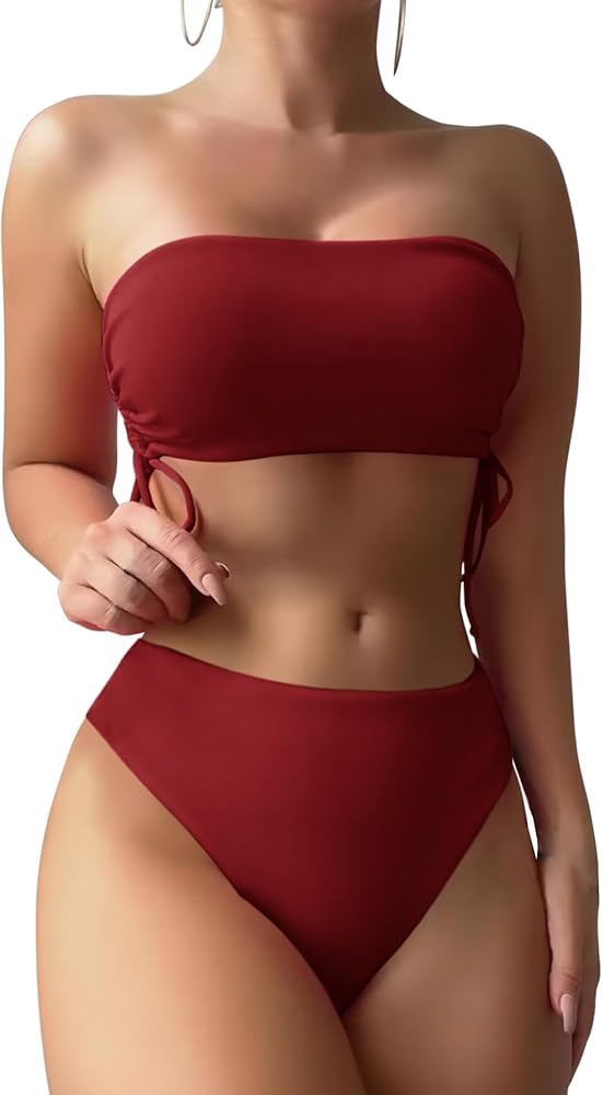 Women's Bandeau Bikini Sets Removable Strap Wrap Tie Side Two Piece Swimsuit Cheeky High Waisted Bathing Suits