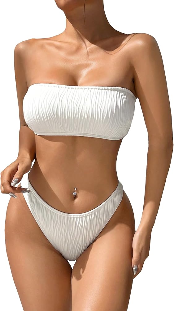 Women's 2 Piece Solid Back Tie Bandeau Bikini Triangle Set Backless Textured Tube High Cut Swimsuit Bathing Suit