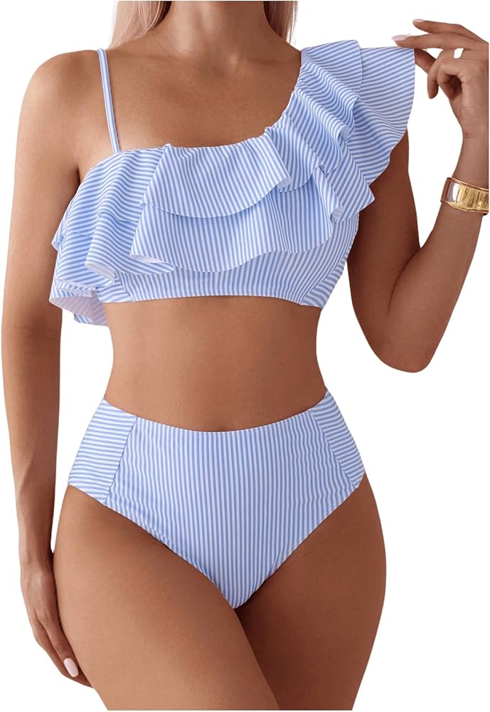 MakeMeChic Women's Bikini Set Striped One Shoulder Ruffle Tiered Summer Swimsuit Bathing Suit