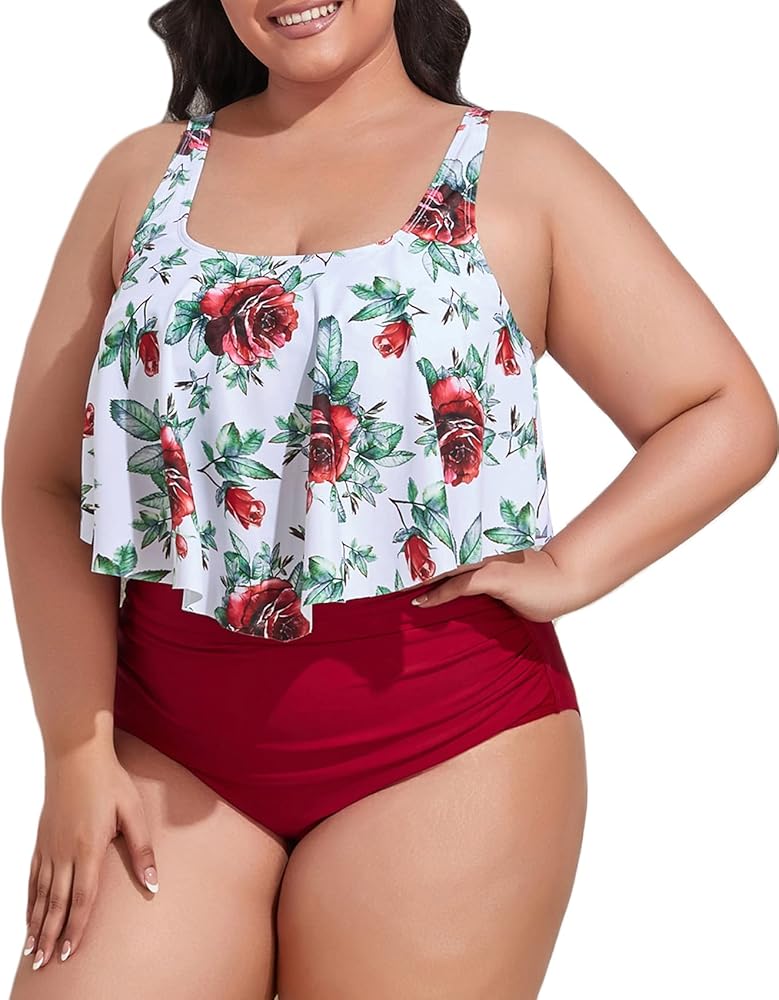 Mooncore Womens Plus Size Swimsuit High Waisted Tankini Bathing Suits Two Piece Flounce Bikini Swimsuit