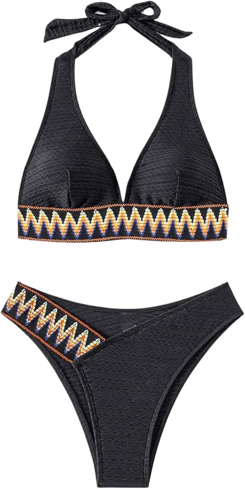 Floerns Women's 2 Piece Halter V Neck Backless Cheeky V Cut Swimsuit Bikini Sets