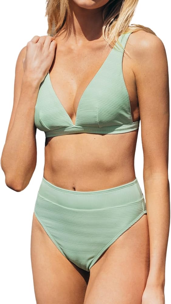 CUPSHE Women's Bikini Set Two Piece Swimsuit V Neck Ribbed Adjustable Straps High Waisted Bottom