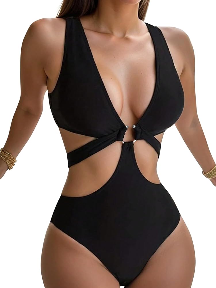 Lilosy Sexy Metal O Ring Linked Cutout Low Cut One Piece Swimsuit High Leg Brazilian Bathing Suit