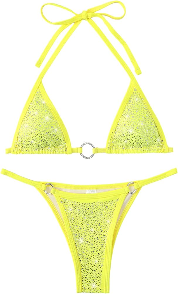 Women's Sparkly Rhinestone Halter Triangle O Ring Top String Thong High Cut Bottom 2 Pieces Bikini Swimsuit Set