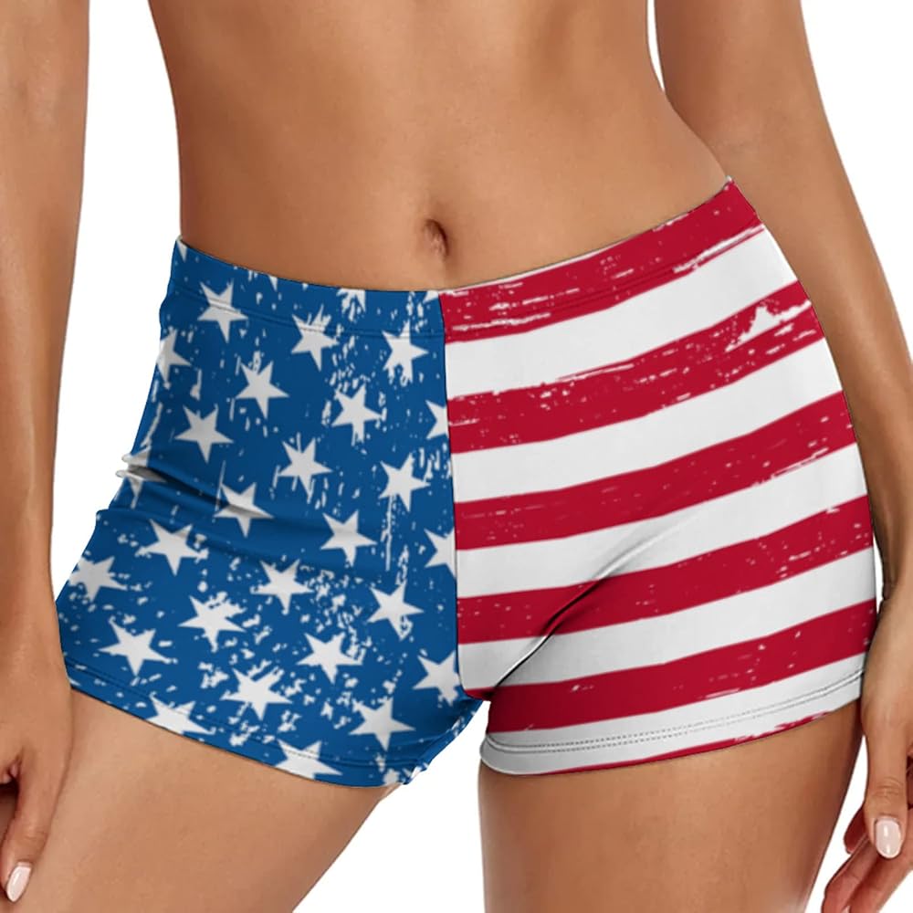 Women's Swim Shorts High Waist Swimsuit Bottoms 4th of July Star Stripes Bathing Suit Boy Shorts Bikini Board Shorts