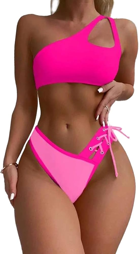 YELAIVP Women's Bikini Sets One Shoulder High Waisted Two Piece Swimsuit Lace Up High Cut Bathing Suit