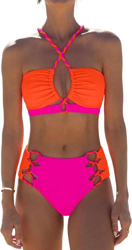 popvil Color Block Swimsuits for Women Mid Rise Cheeky Bikini Sets Two Piece Bathing Suits Criss Cross Cutout Top