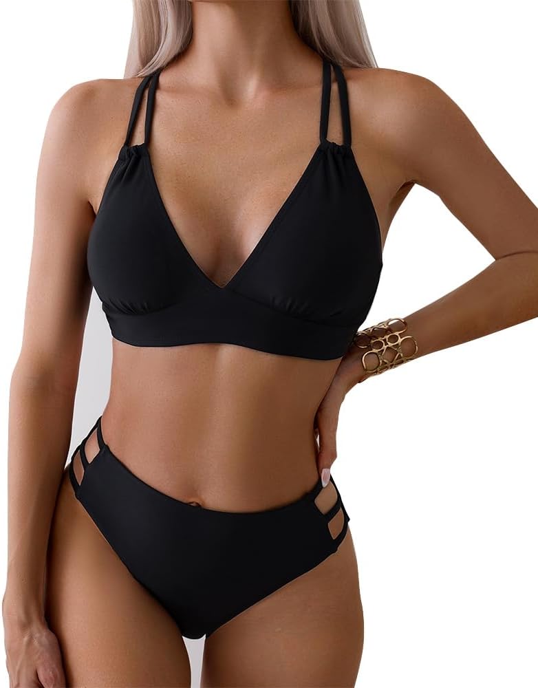 Favnac Sexy Bikini for Women V Neck Criss Cross Back Bathing Suit 2 Piece