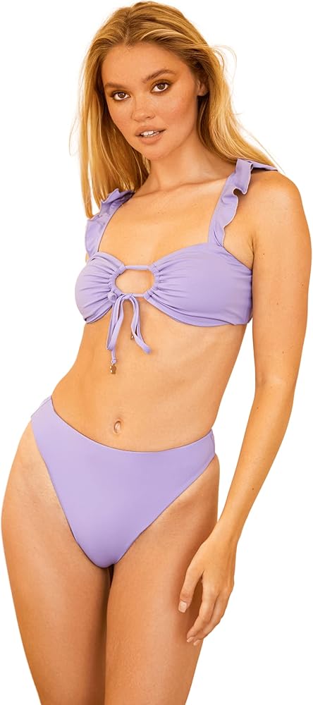 Dippin' Daisy's Luna Adjustable Front String Bikini Top for Women with Ruffle Sleeve, Swimsuit Bralette with Metal Daisy