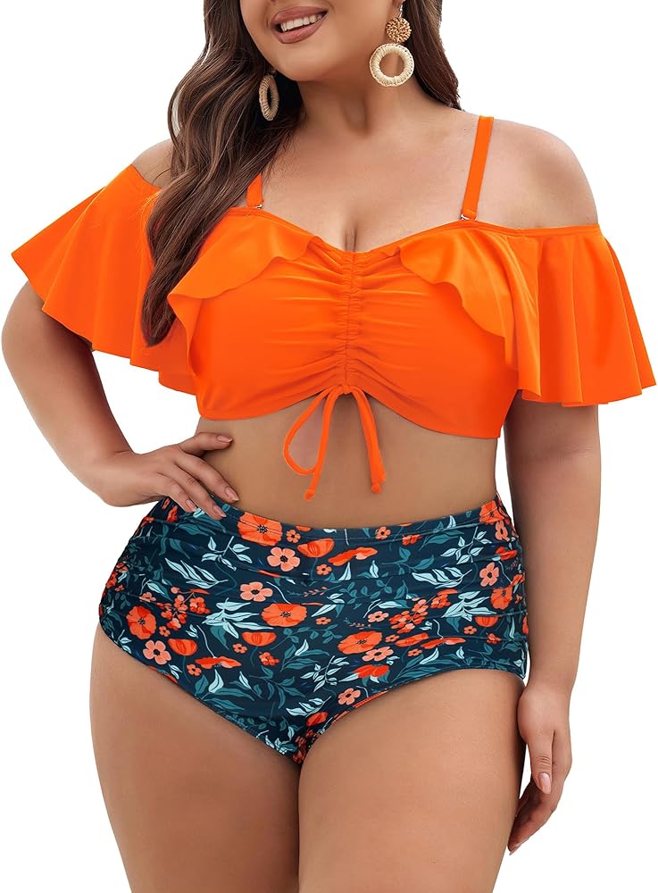 Hanna Nikole Plus-Size-Bikini Curvy Women Ruffle Drawstring Swimsuit 2 Piece Bathing Suit Ruched High Waisted Beach Vacation