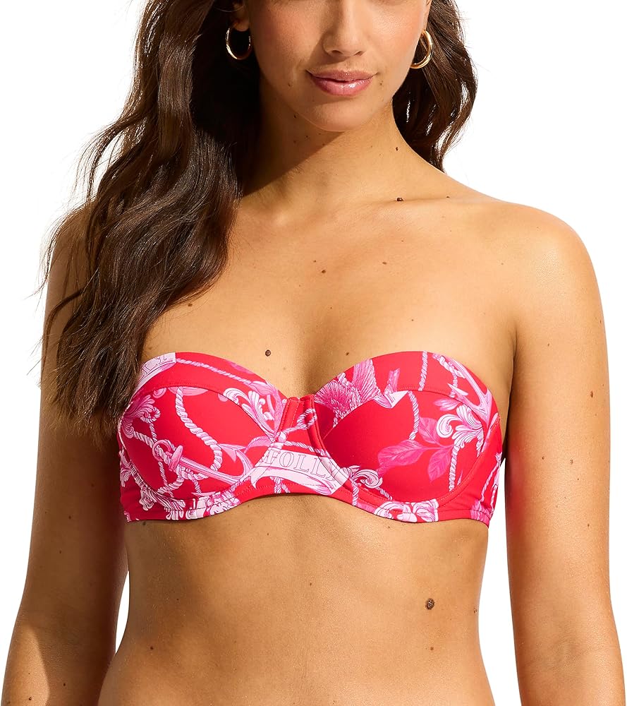 Seafolly Women's Standard Underwire Bustier Bralette Bikini Top Swimsuit, Ahoy Chilli Red