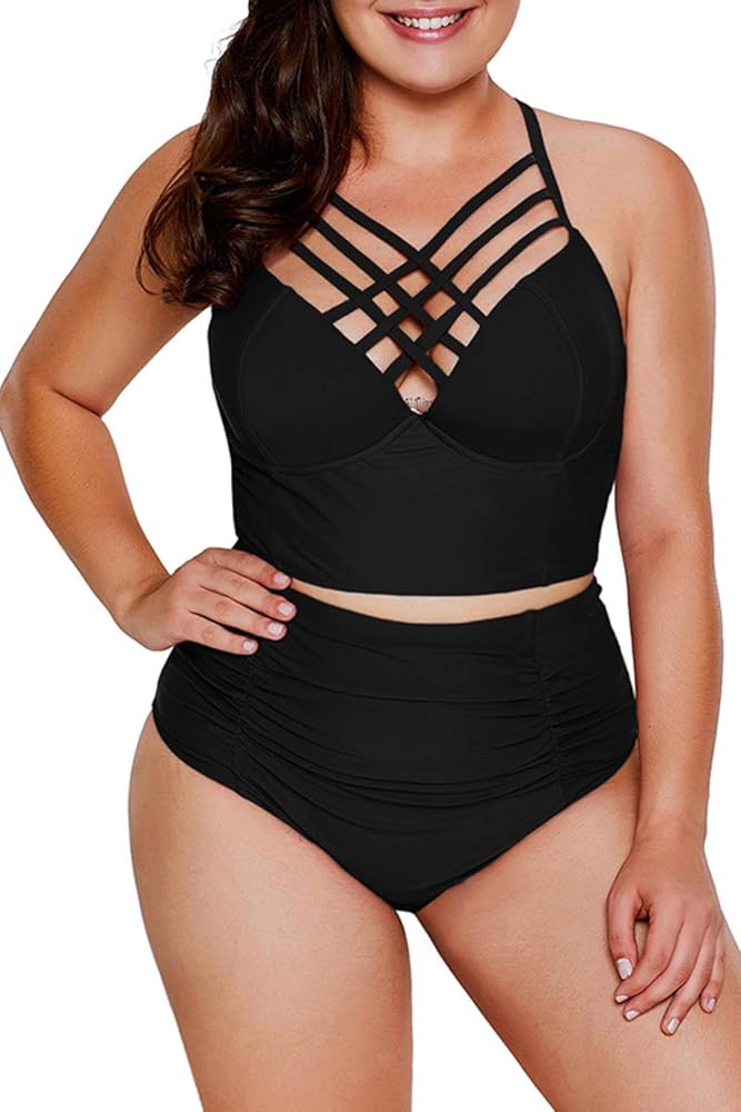 Womens Plus Size High Waist Fringe Swimwear Two Piece Swimsuit