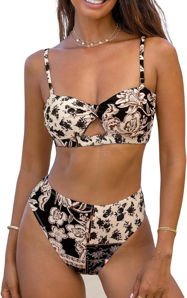 CUPSHE Women's Bikini Sets Two Piece Bathing Suit High Waisted Square Neck Cutout Adjustable Straps Twisted