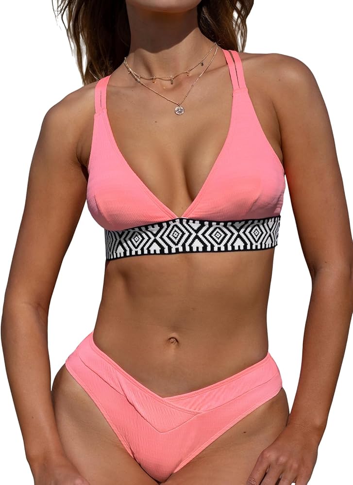 CUPSHE Women's Bikini Sets Two Piece Bathing Suit V Neck Adjustable Straps Cheeky V Cut Bottom Crisscross Back