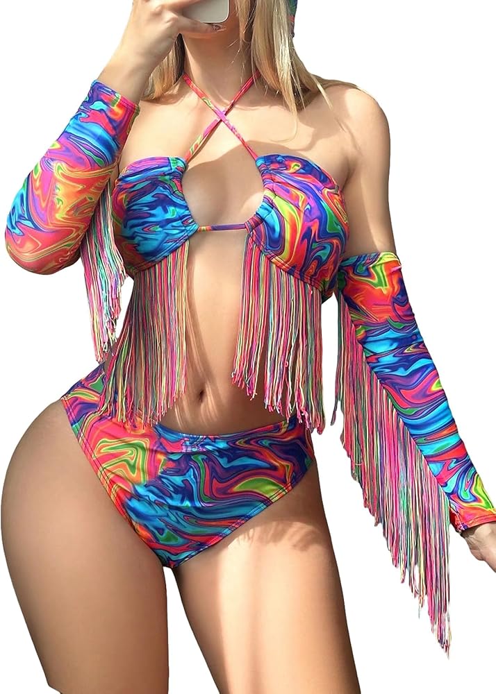 SHENHE Women's 5 Piece Tie Dye Fringe Trim Criss Cross Tie Halter Bandana Oversleeves Bikini Set