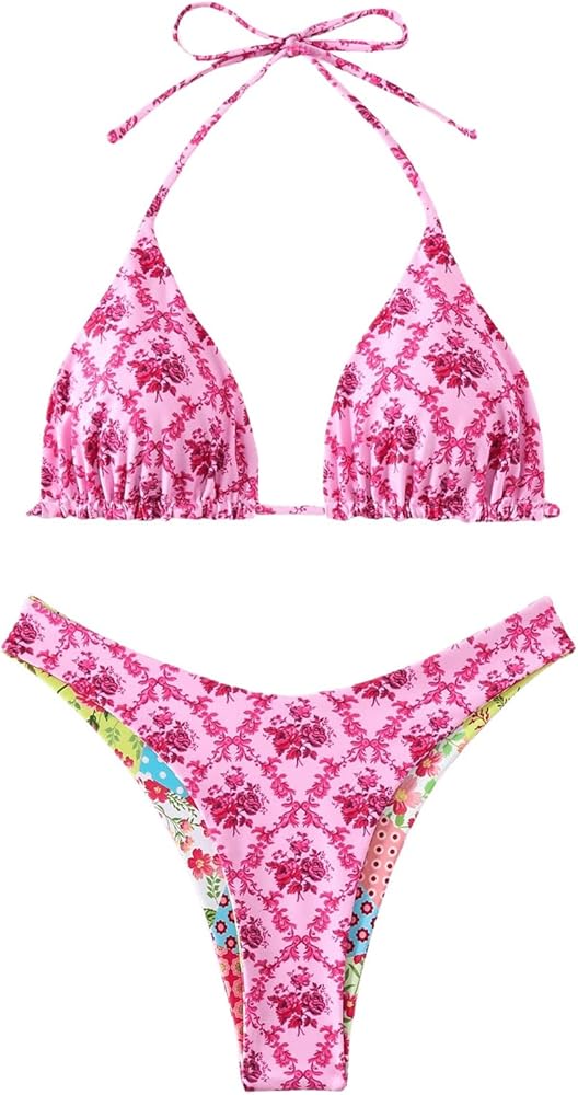 Floerns Women's Floral Print Halter Triangle Cheeky Thong 2 Piece Bikini Sets